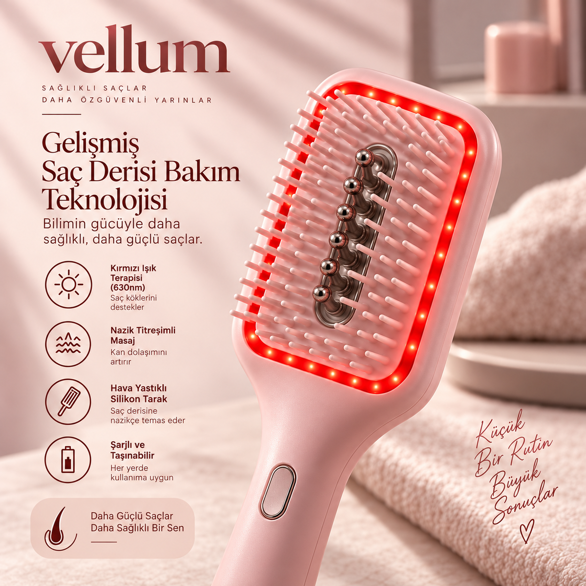 Vellum Kırmızı Işık Terapili Saç Derisi Bakım Fırçası